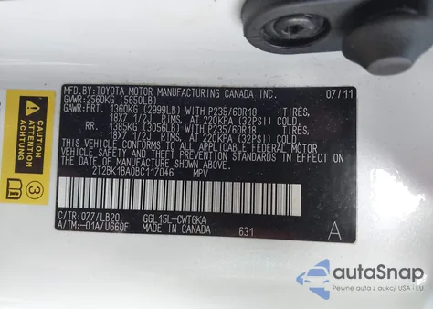 2011 Lexus Rx 350 из США, поврежденный, VIN 2T2BK1BA0BC117046